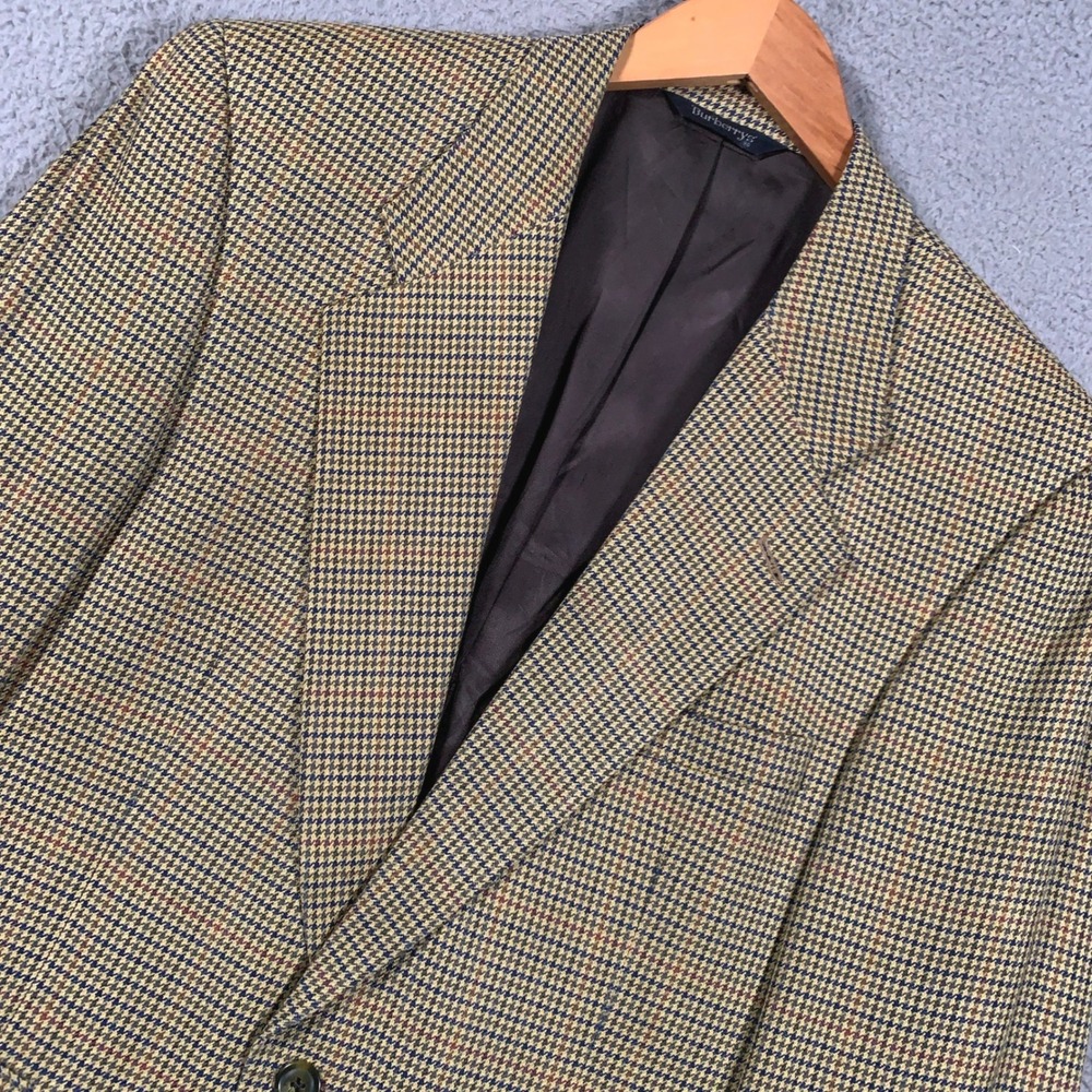 Burberrys Houndstooth Sport Coat Mens 42R Tan Brown Plaid Wool Blazer Vintage US